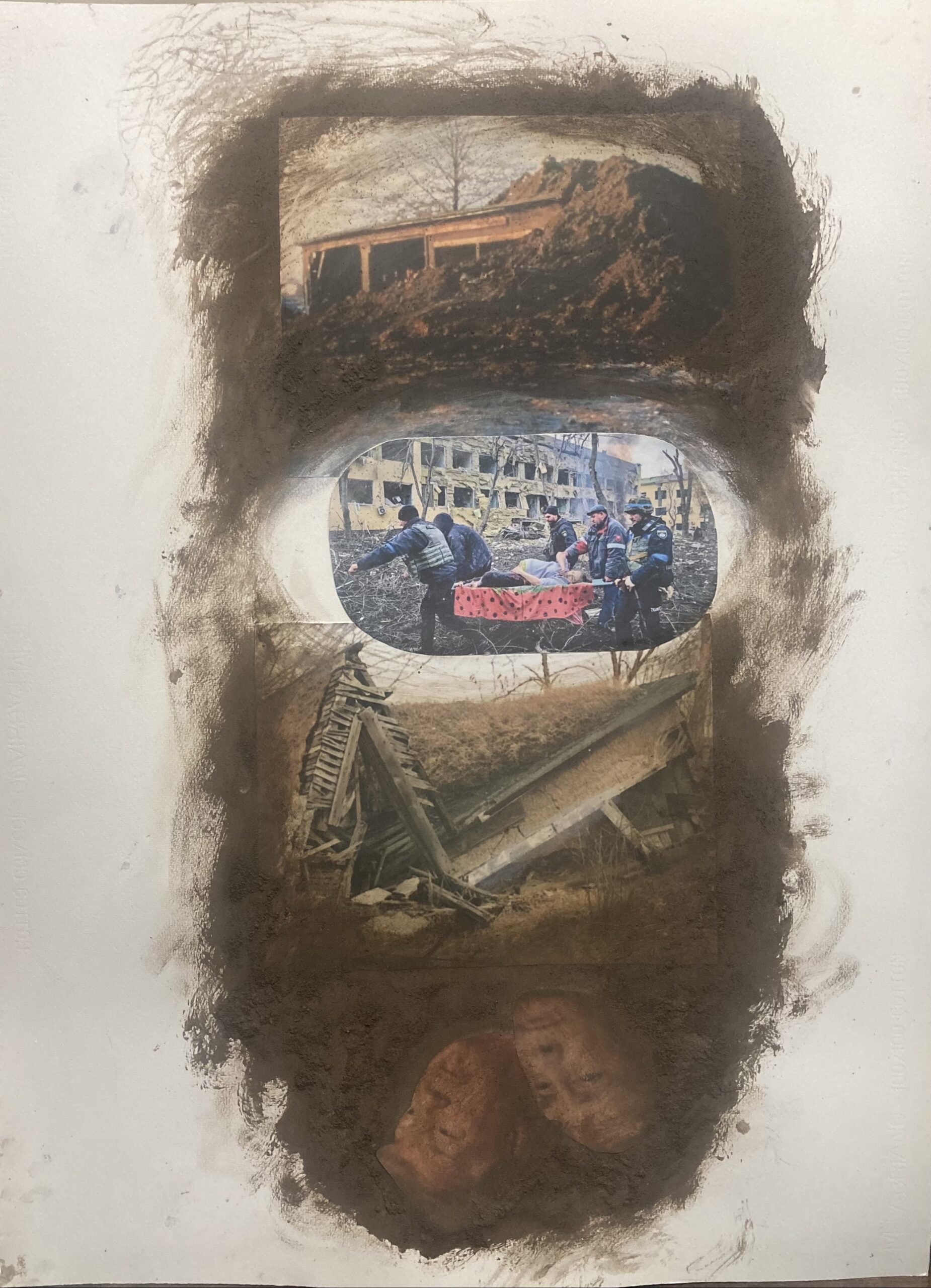Bombed Marternity Ward Buried Woodshed 1970 Ukraine 2022 30" by 20" Mixed Media on Paper 2022